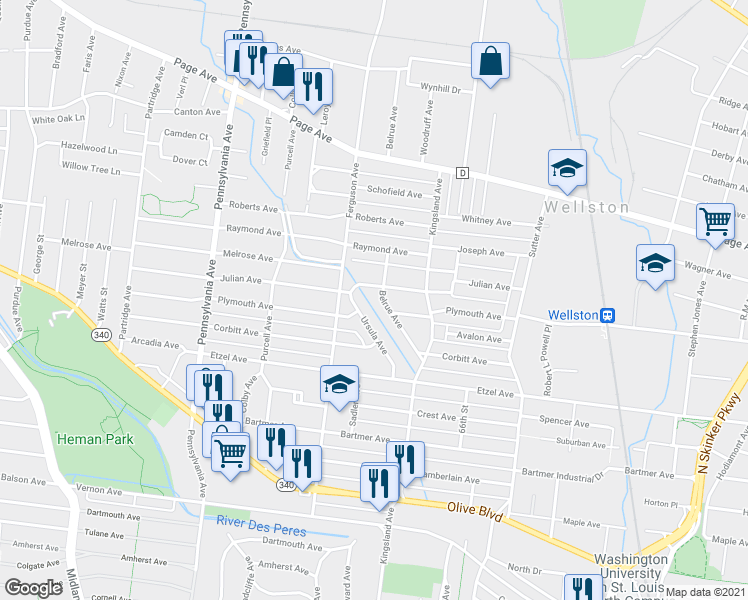 map of restaurants, bars, coffee shops, grocery stores, and more near 1186 Ursula Avenue in University City