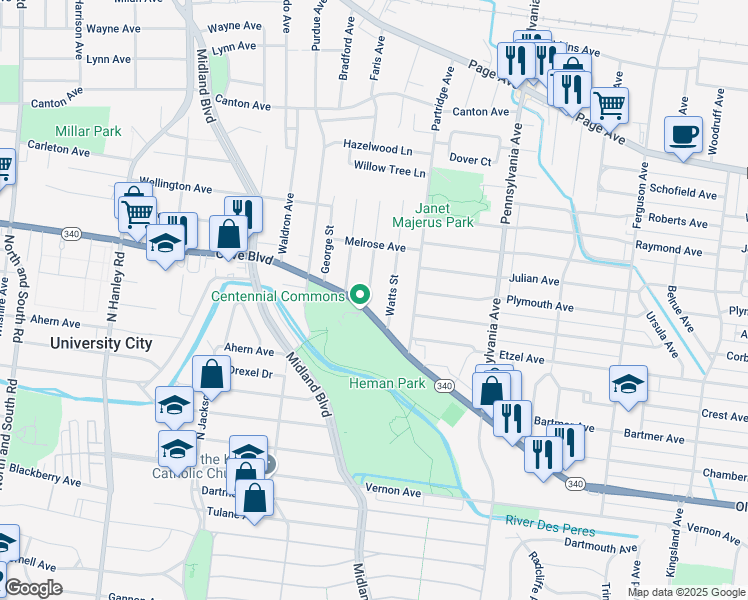 map of restaurants, bars, coffee shops, grocery stores, and more near 1108 Meyer Street in University City