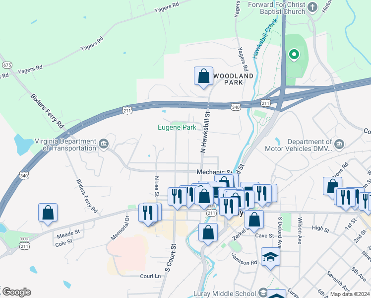 map of restaurants, bars, coffee shops, grocery stores, and more near 309 North Bank Street in Luray