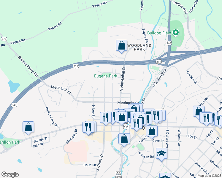 map of restaurants, bars, coffee shops, grocery stores, and more near 309 North Bank Street in Luray