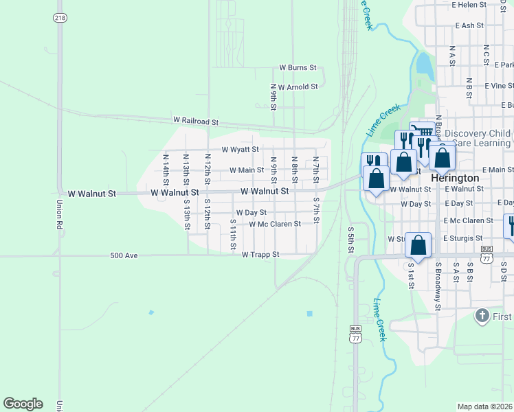map of restaurants, bars, coffee shops, grocery stores, and more near 1001 West Walnut Street in Herington