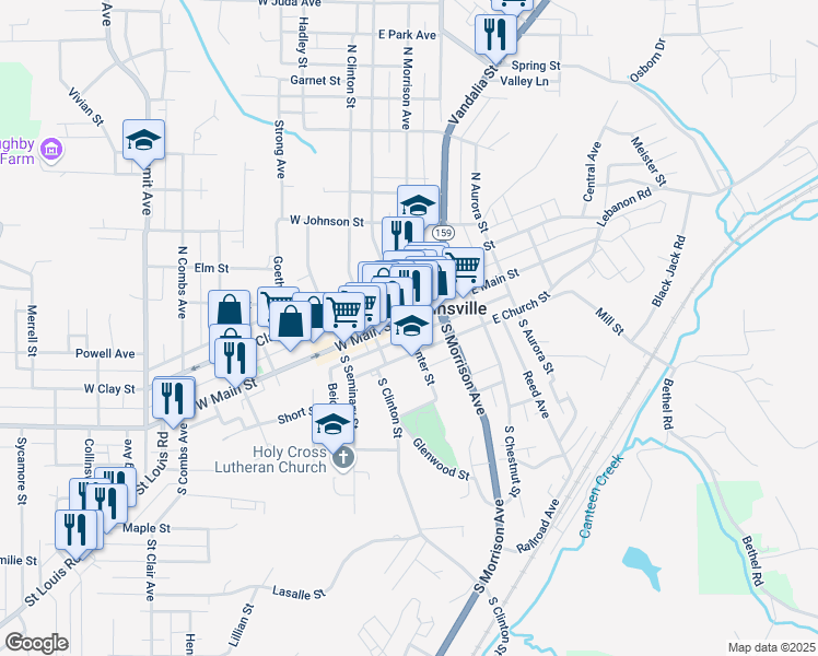 map of restaurants, bars, coffee shops, grocery stores, and more near 125 South Center Street in Collinsville