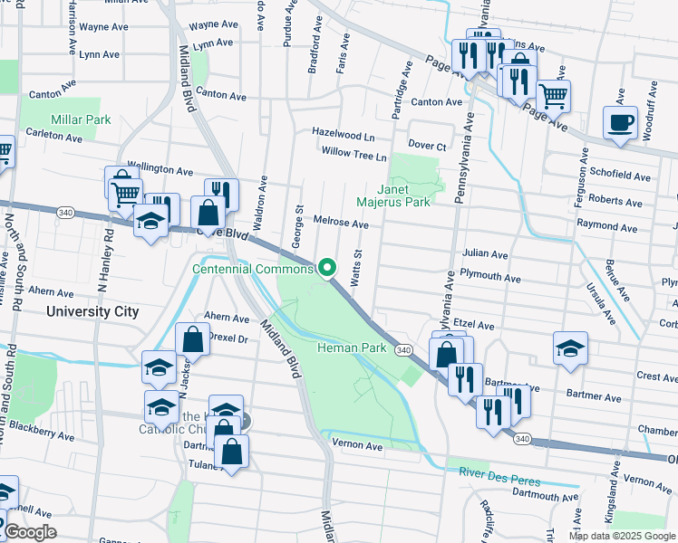 map of restaurants, bars, coffee shops, grocery stores, and more near 1108 Meyer Street in University City