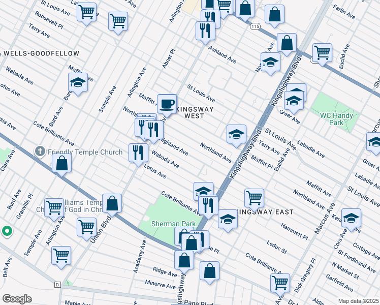 map of restaurants, bars, coffee shops, grocery stores, and more near 5133 Highland Avenue in St. Louis