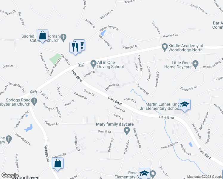 map of restaurants, bars, coffee shops, grocery stores, and more near 6148 Taffy Court in Woodbridge