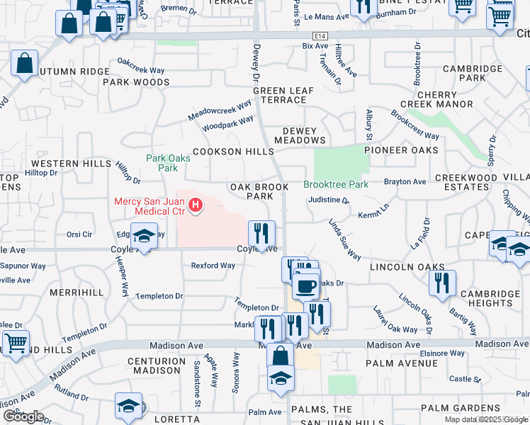 map of restaurants, bars, coffee shops, grocery stores, and more near 6617 Northbrook Way in Fair Oaks