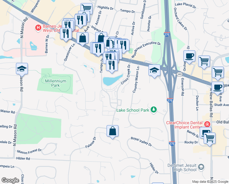 map of restaurants, bars, coffee shops, grocery stores, and more near 687 Hidden Path Court in Saint Louis