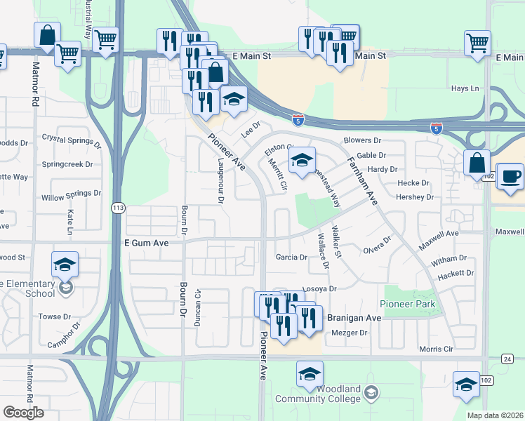 map of restaurants, bars, coffee shops, grocery stores, and more near Pioneer Avenue in Woodland