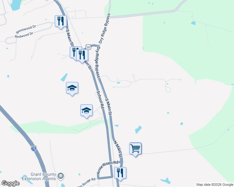 map of restaurants, bars, coffee shops, grocery stores, and more near 130 Wood Gate in Dry Ridge