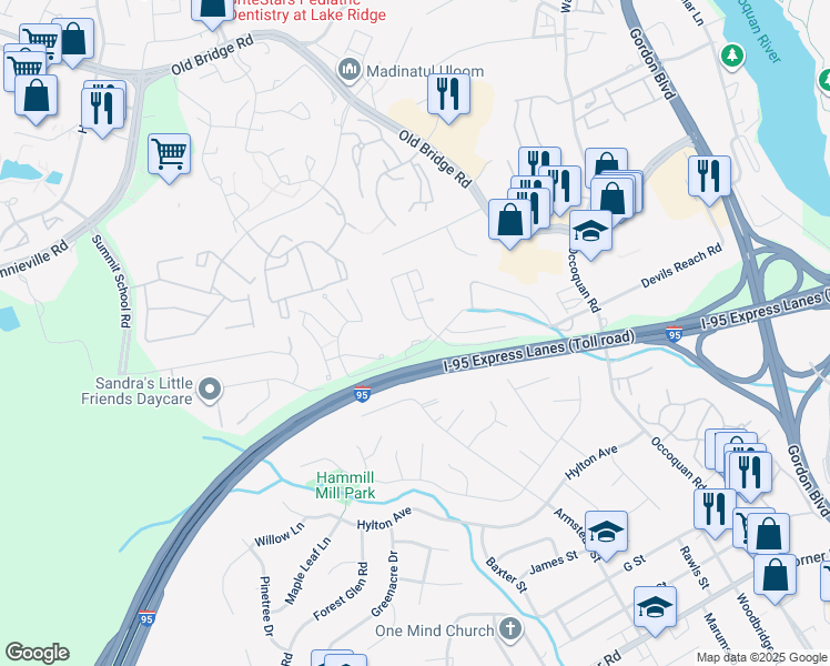map of restaurants, bars, coffee shops, grocery stores, and more near 1734 Grover Glen Court in Woodbridge