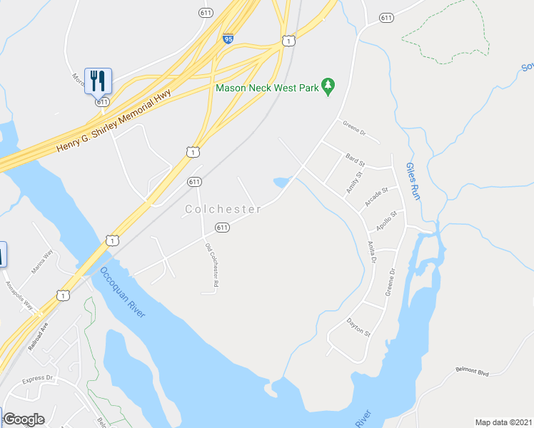 map of restaurants, bars, coffee shops, grocery stores, and more near 10617 Old Colchester Road in Lorton