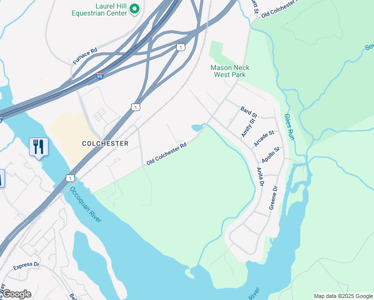 map of restaurants, bars, coffee shops, grocery stores, and more near 10617 Old Colchester Road in Lorton