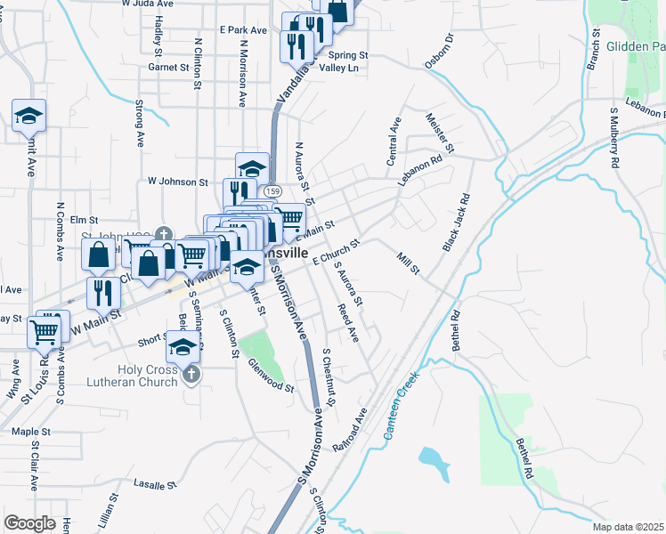 map of restaurants, bars, coffee shops, grocery stores, and more near 400 East Church Street in Collinsville