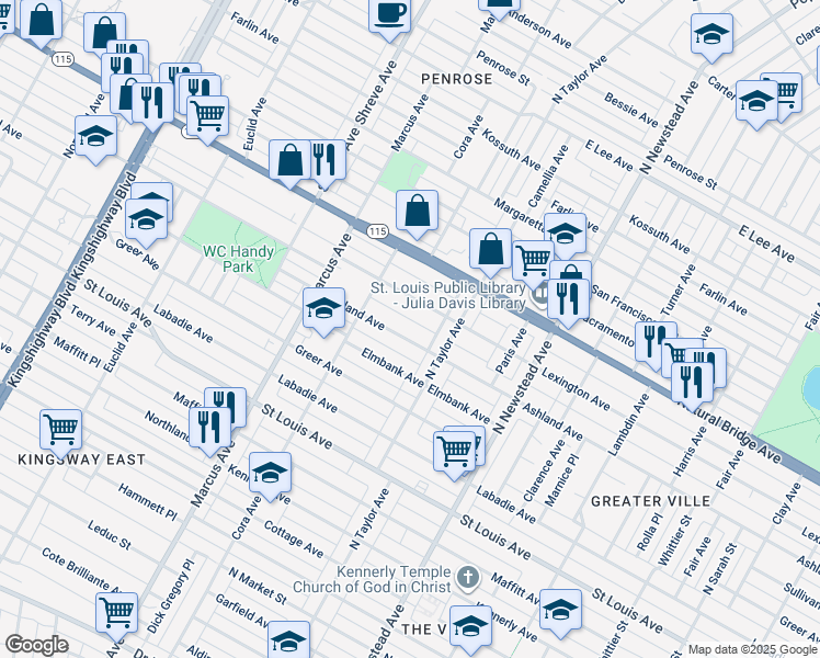 map of restaurants, bars, coffee shops, grocery stores, and more near 4530 Lexington Avenue in St. Louis