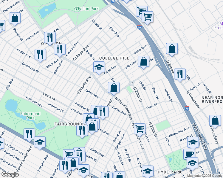 map of restaurants, bars, coffee shops, grocery stores, and more near 2122 Obear Avenue in St. Louis