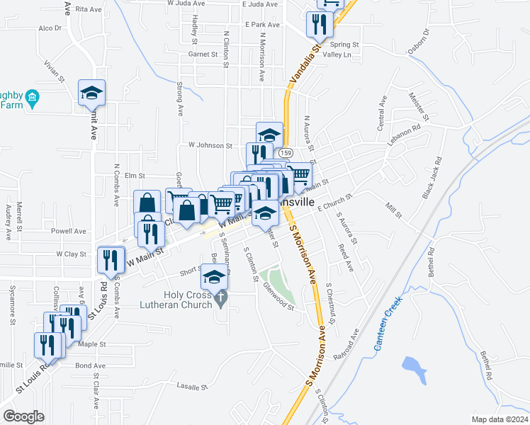 map of restaurants, bars, coffee shops, grocery stores, and more near 120 South Center Street in Collinsville