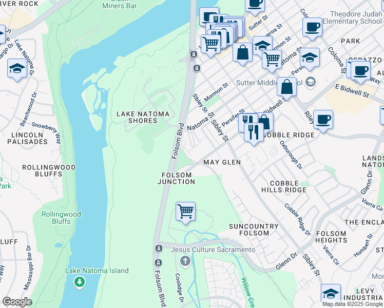 map of restaurants, bars, coffee shops, grocery stores, and more near 704 Forrest Street in Folsom