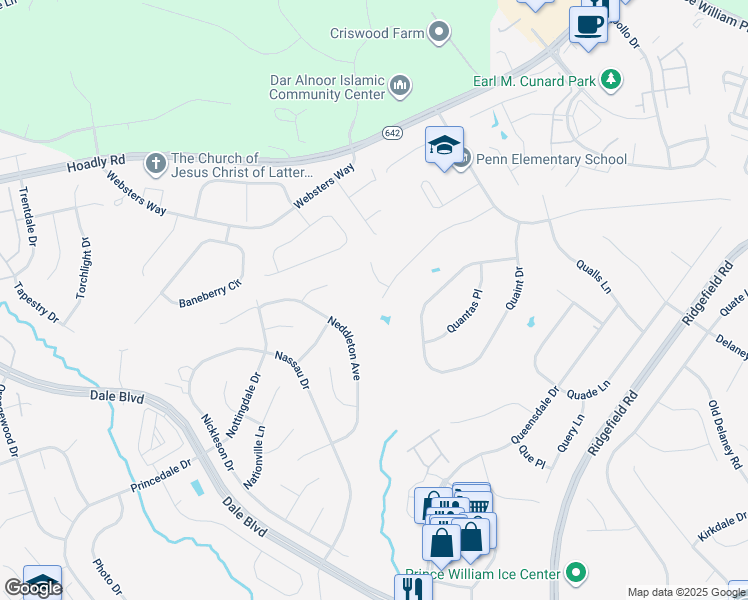 map of restaurants, bars, coffee shops, grocery stores, and more near 5438 Quinn Lane in Woodbridge