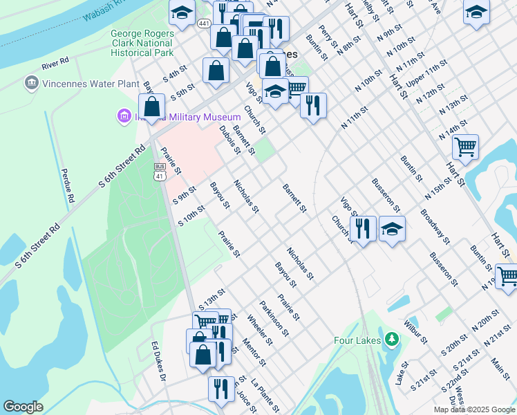 map of restaurants, bars, coffee shops, grocery stores, and more near 1112 Nicholas Street in Vincennes