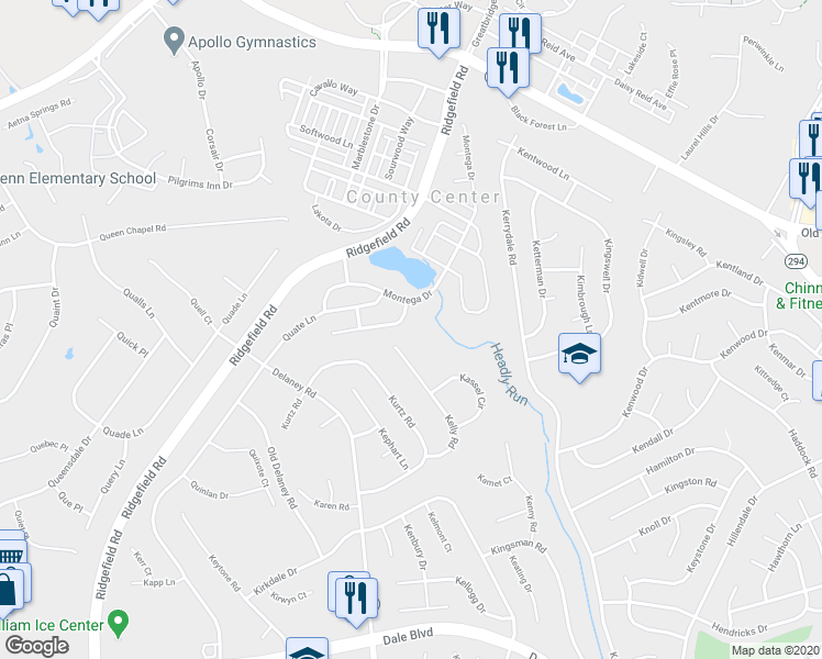 map of restaurants, bars, coffee shops, grocery stores, and more near 13015 Lashmere Court in Woodbridge