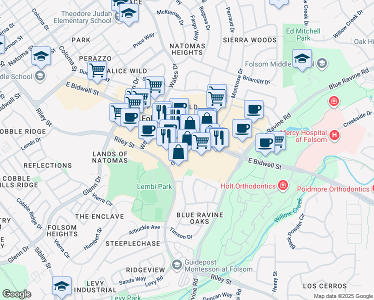 map of restaurants, bars, coffee shops, grocery stores, and more near 825 East Bidwell Street in Folsom