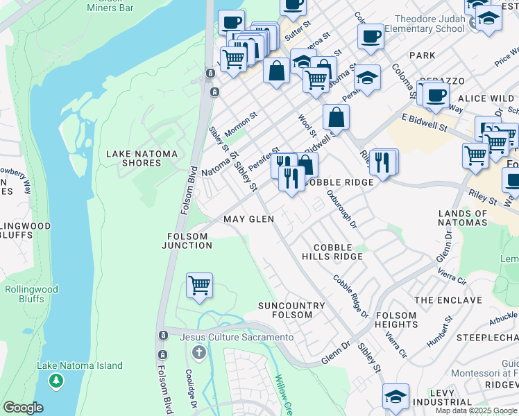 map of restaurants, bars, coffee shops, grocery stores, and more near 812 Sibley Street in Folsom