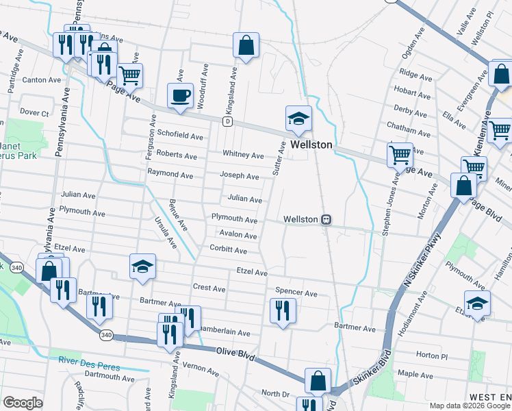 map of restaurants, bars, coffee shops, grocery stores, and more near 6516 Julian Avenue in St. Louis
