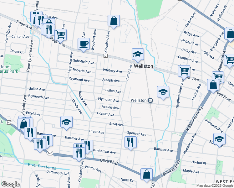 map of restaurants, bars, coffee shops, grocery stores, and more near 6516 Julian Avenue in St. Louis