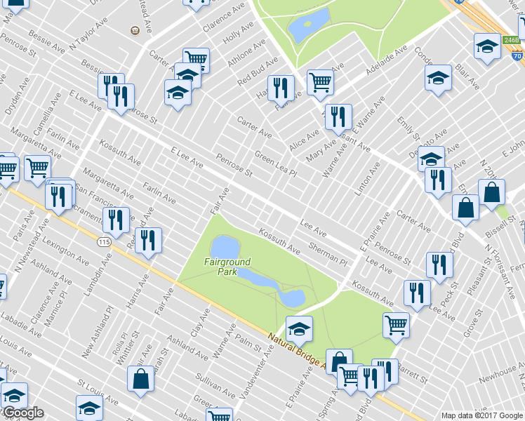 map of restaurants, bars, coffee shops, grocery stores, and more near 4131 Clay Avenue in St. Louis