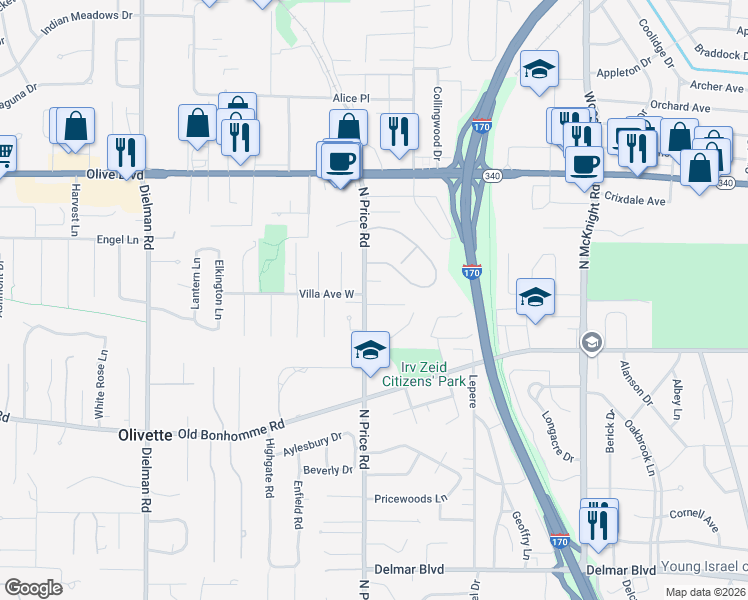 map of restaurants, bars, coffee shops, grocery stores, and more near 1 Villa Avenue East in St. Louis
