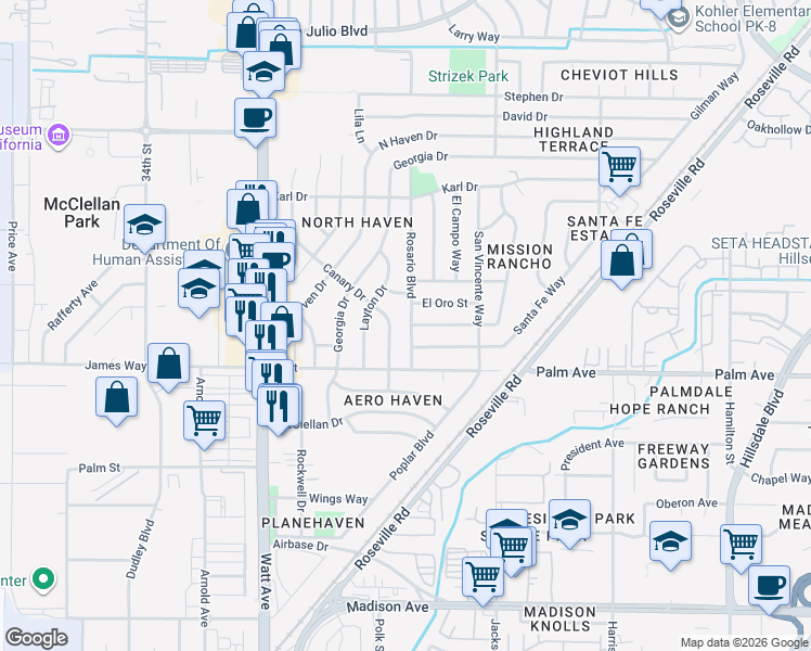 map of restaurants, bars, coffee shops, grocery stores, and more near 5633 Rosario Boulevard in North Highlands