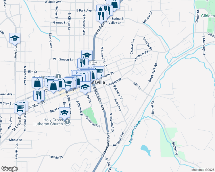 map of restaurants, bars, coffee shops, grocery stores, and more near 308 East Church Street in Collinsville