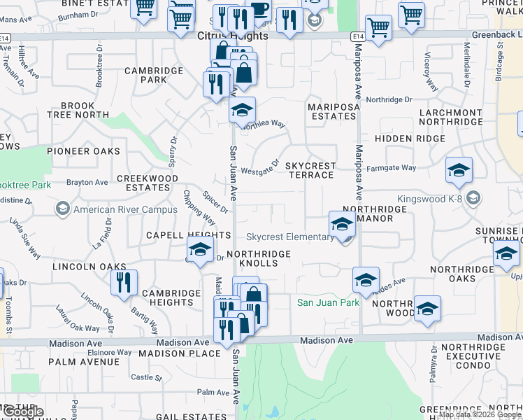 map of restaurants, bars, coffee shops, grocery stores, and more near 7512 Ranch Avenue in Citrus Heights
