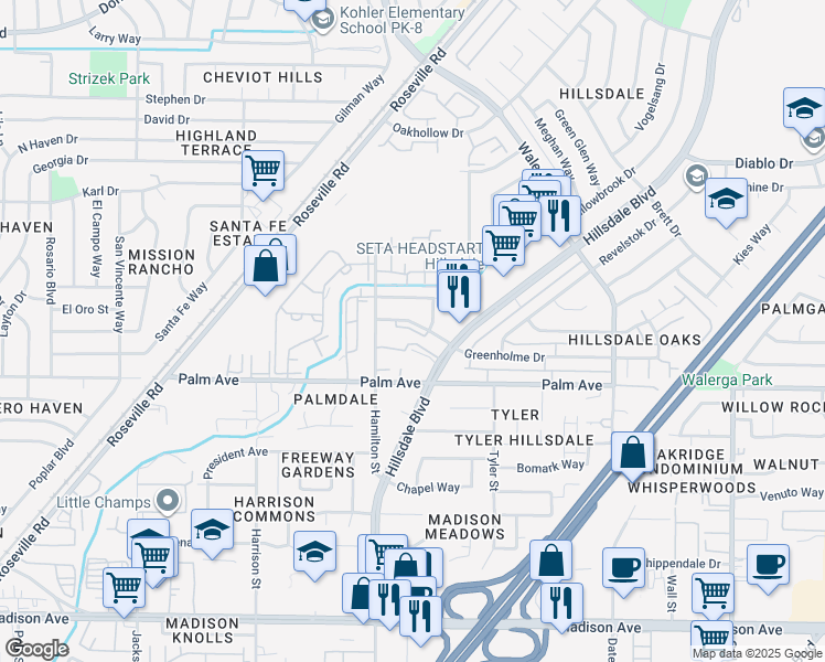 map of restaurants, bars, coffee shops, grocery stores, and more near 4344 Greenholme Drive in Sacramento