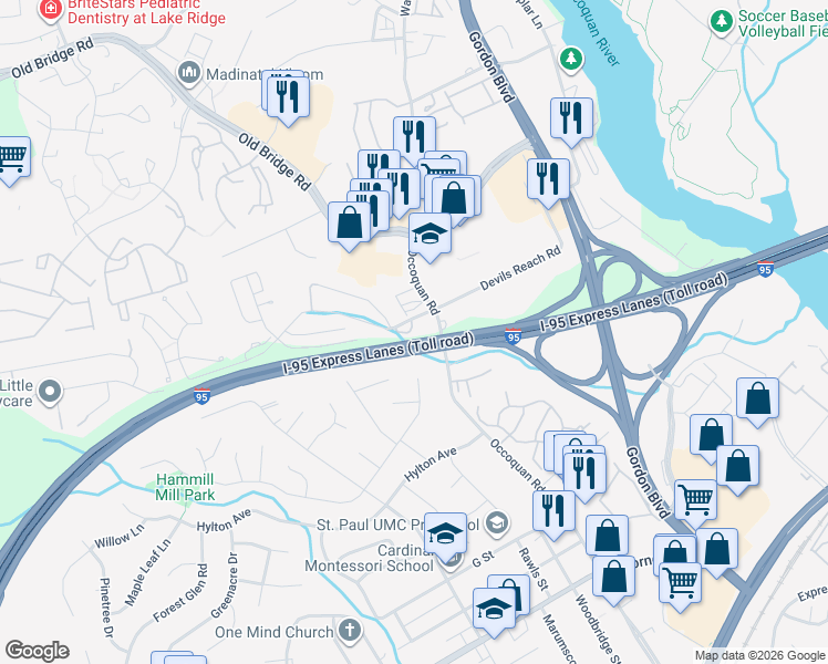 map of restaurants, bars, coffee shops, grocery stores, and more near 1503 Devils Reach Road in Woodbridge