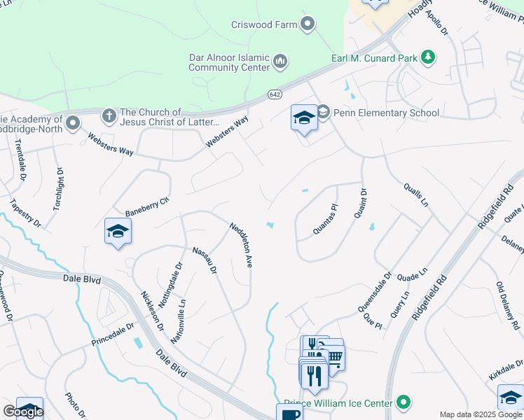 map of restaurants, bars, coffee shops, grocery stores, and more near 5438 Quinn Lane in Woodbridge