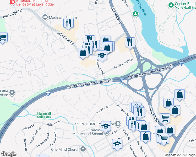 map of restaurants, bars, coffee shops, grocery stores, and more near 1503 Devils Reach Road in Woodbridge