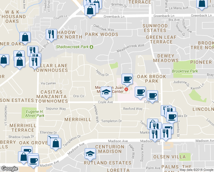 map of restaurants, bars, coffee shops, grocery stores, and more near 6344 Aslin Way in Carmichael