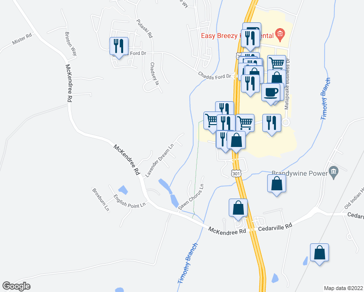 map of restaurants, bars, coffee shops, grocery stores, and more near 7205 China Doll Court in Brandywine