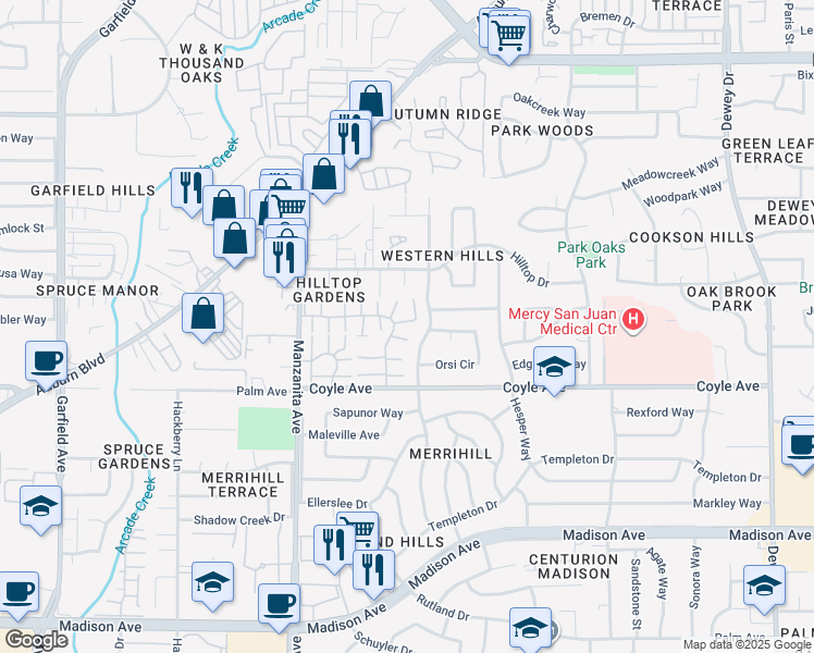 map of restaurants, bars, coffee shops, grocery stores, and more near 6094 Vía Casitas in Carmichael