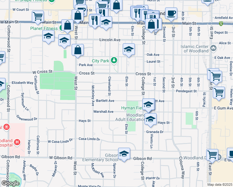 map of restaurants, bars, coffee shops, grocery stores, and more near 208 Pendegast Street in Woodland