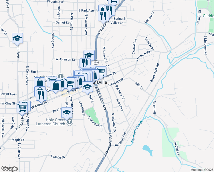 map of restaurants, bars, coffee shops, grocery stores, and more near 201 East Church Street in Collinsville