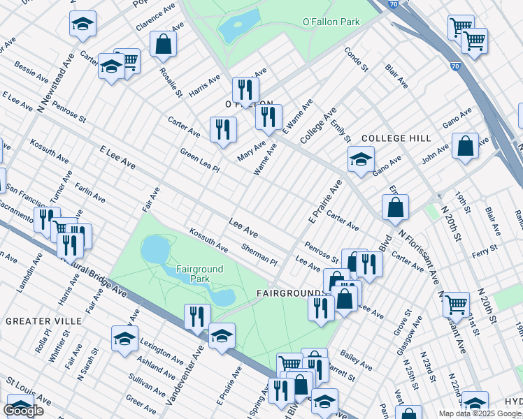 map of restaurants, bars, coffee shops, grocery stores, and more near 4218 College Avenue in St. Louis