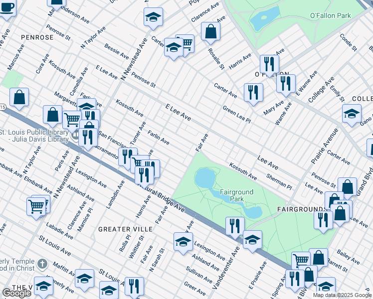 map of restaurants, bars, coffee shops, grocery stores, and more near 4139 Farlin Avenue in St. Louis