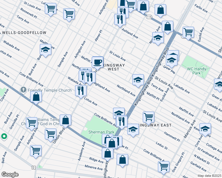 map of restaurants, bars, coffee shops, grocery stores, and more near 5133 Highland Avenue in St. Louis