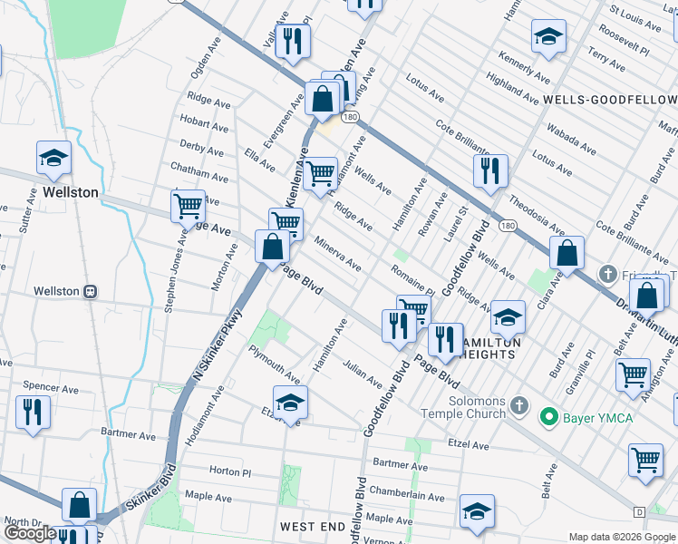 map of restaurants, bars, coffee shops, grocery stores, and more near 5937 Hamilton Terrace in St. Louis