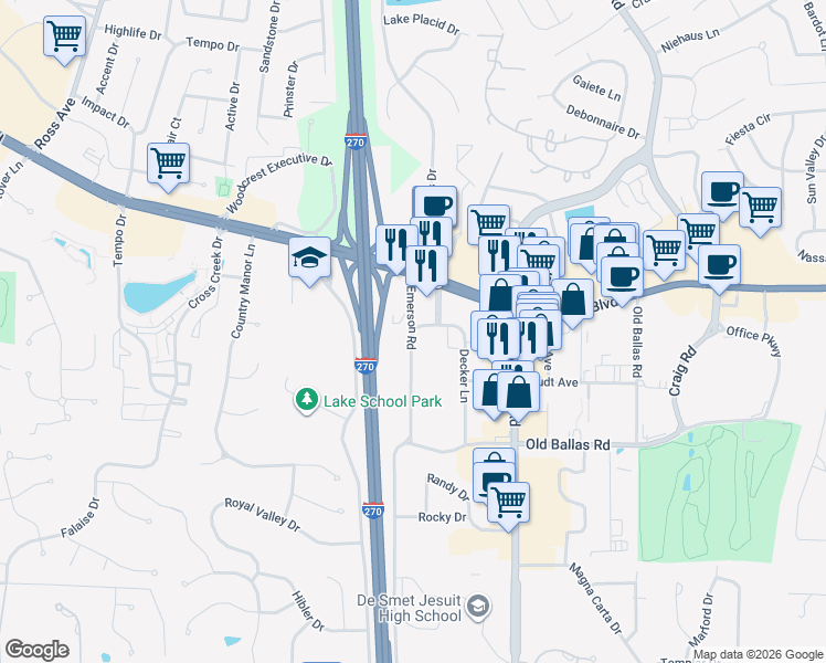 map of restaurants, bars, coffee shops, grocery stores, and more near 721 Emerson Road in Saint Louis