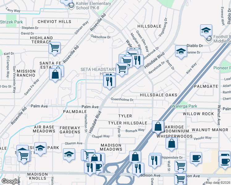 map of restaurants, bars, coffee shops, grocery stores, and more near 5612 Hillsdale Boulevard in Sacramento
