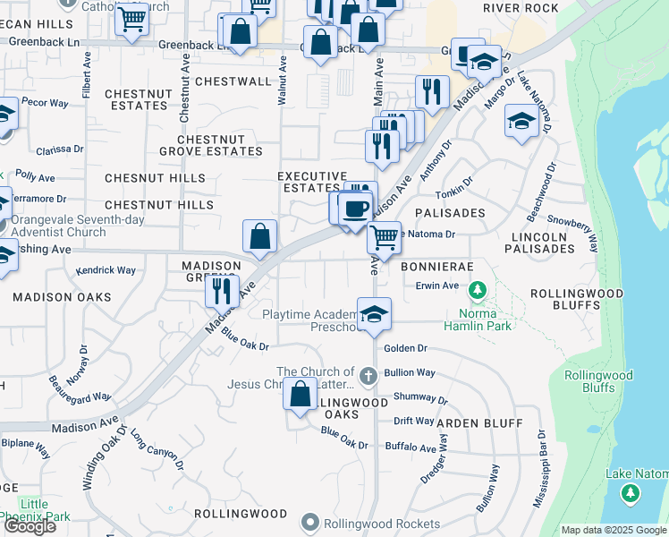 map of restaurants, bars, coffee shops, grocery stores, and more near 9360 Pershing Avenue in Orangevale