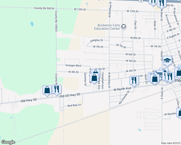 map of restaurants, bars, coffee shops, grocery stores, and more near East Shaylee Drive in Flora